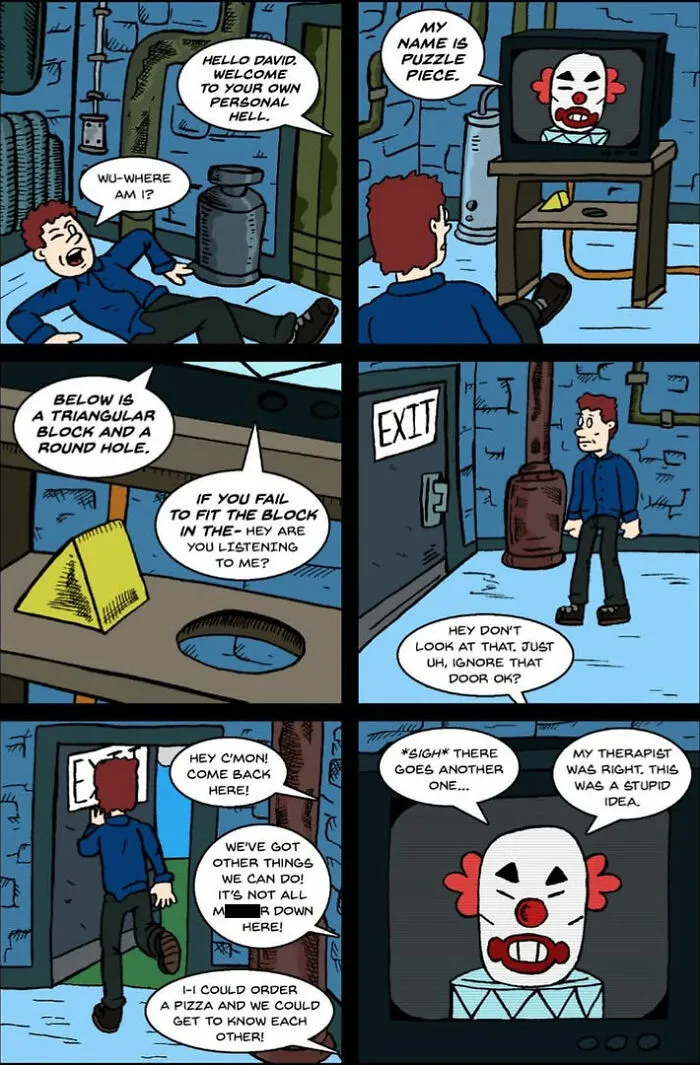 An ironic One And Only Comic where a hostage easily escapes a clown's basement game.