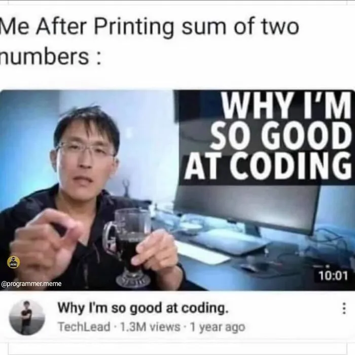 Coding meme about feeling skilled after printing sum of two numbers