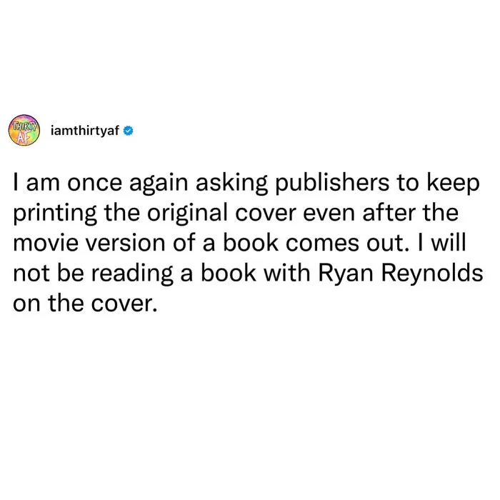 A text post about hating movie tie-in book covers, displaying relatable funny millennial memes.