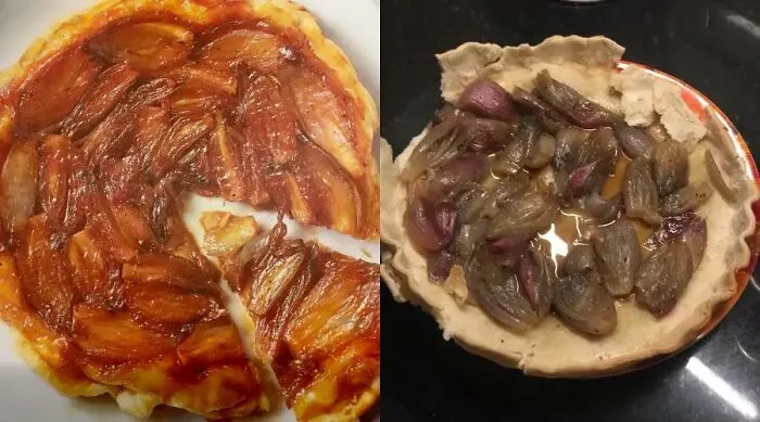 Failed cooking attempts showing burnt and unappetizing pies with onions and fruits