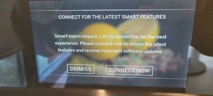 A smart oven display requiring a Wi-Fi connection, demonstrating terrible product design