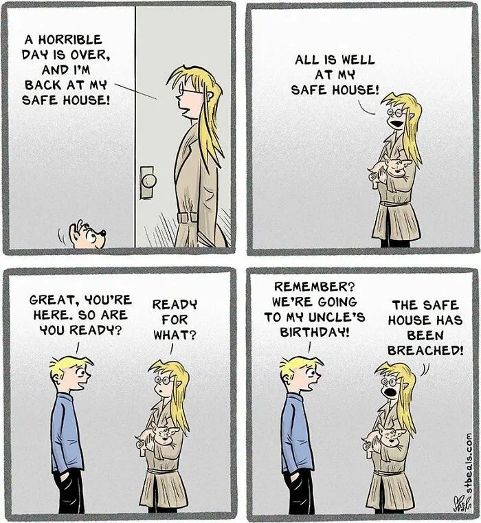 Comical retail life comic about a safe house and birthday plans by Stephen Beals