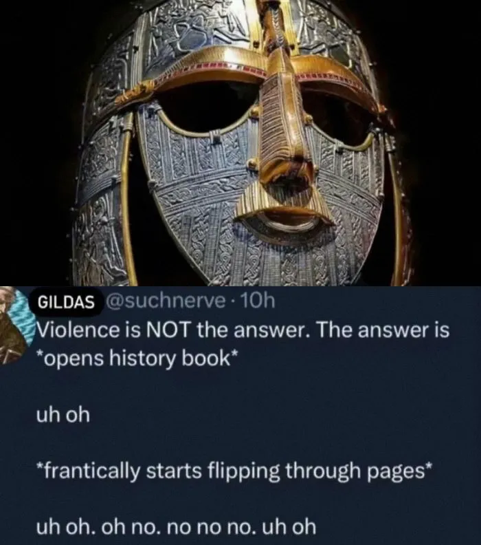 Ancient ornate metal mask above a humorous tweet about violence and history books