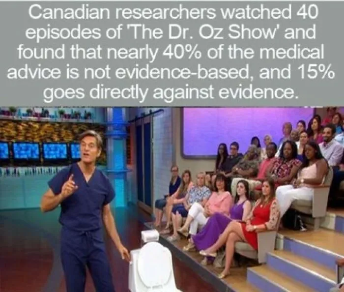 Interesting facts about medical television shows with Dr. Oz on stage talking to the audience.