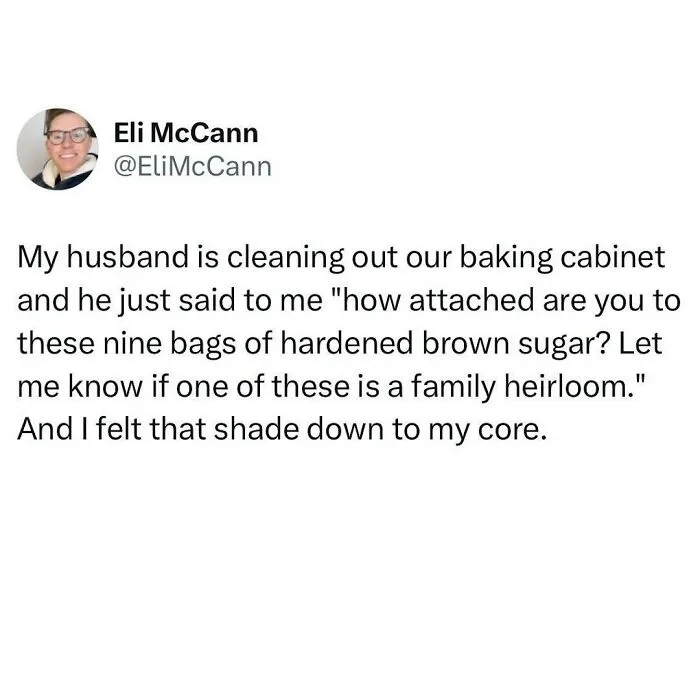 A funny millennial meme tweet about cleaning a baking cabinet and finding old hardened brown sugar