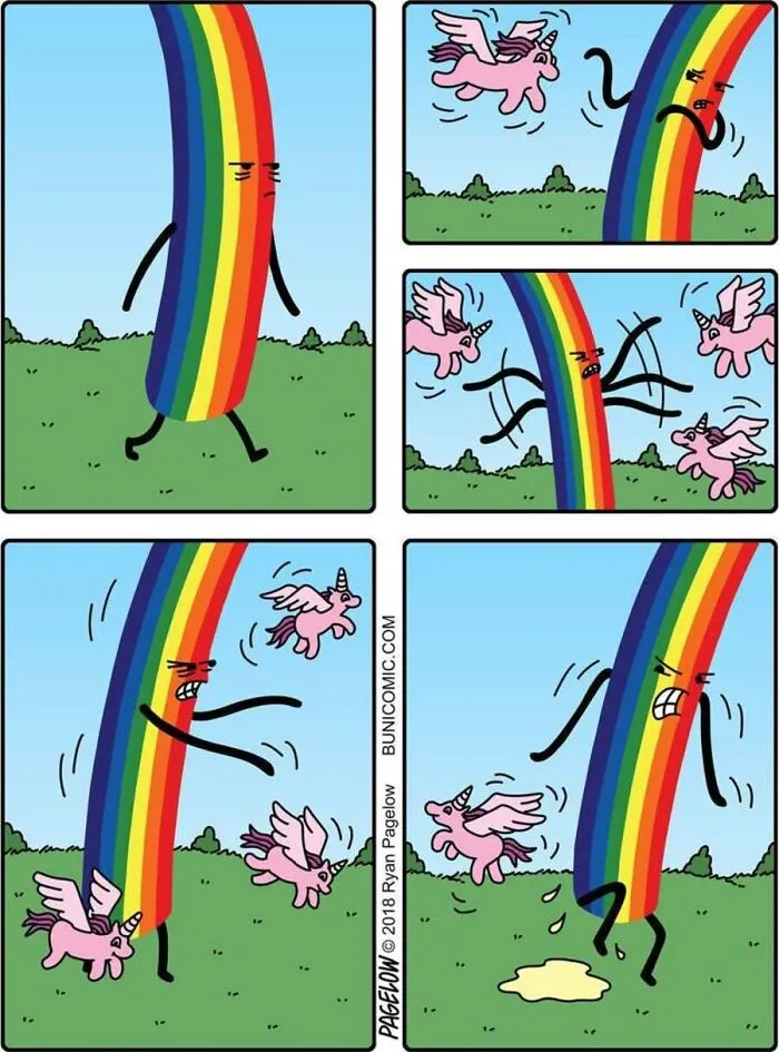 A Buni Comics strip showing a pink unicorn and a rainbow character in a funny, chaotic confrontation