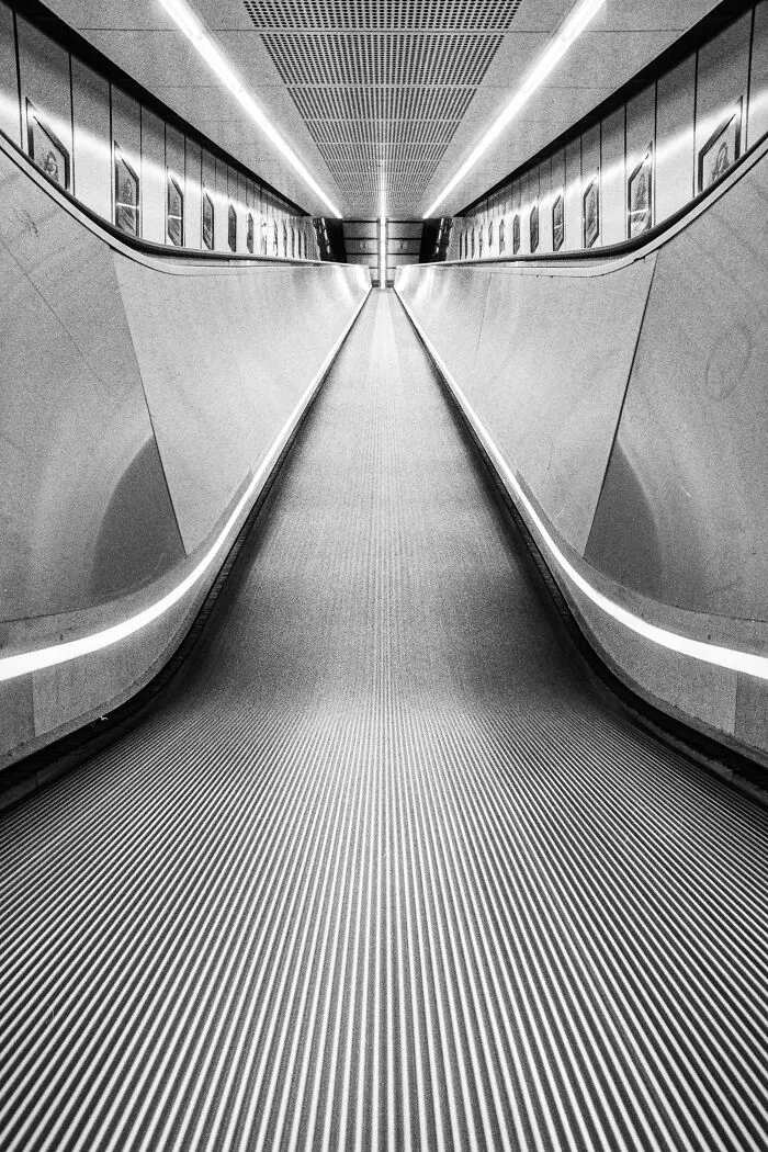 Abstract perspective of escalator in black and white analog film photography