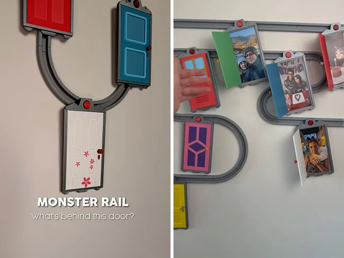 3D printed Monster Rail photo holder wall display with small doors