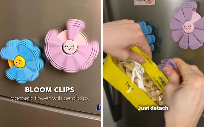 3D printed magnetic bloom clips in flower shapes holding open a bag