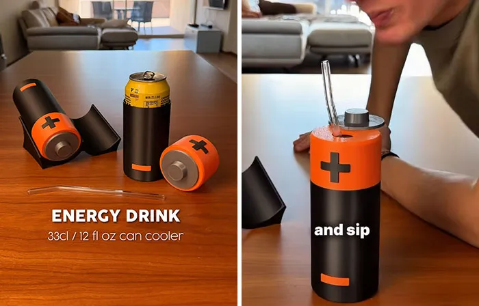 33cl can cooler designed as a battery with a built-in straw for sipping