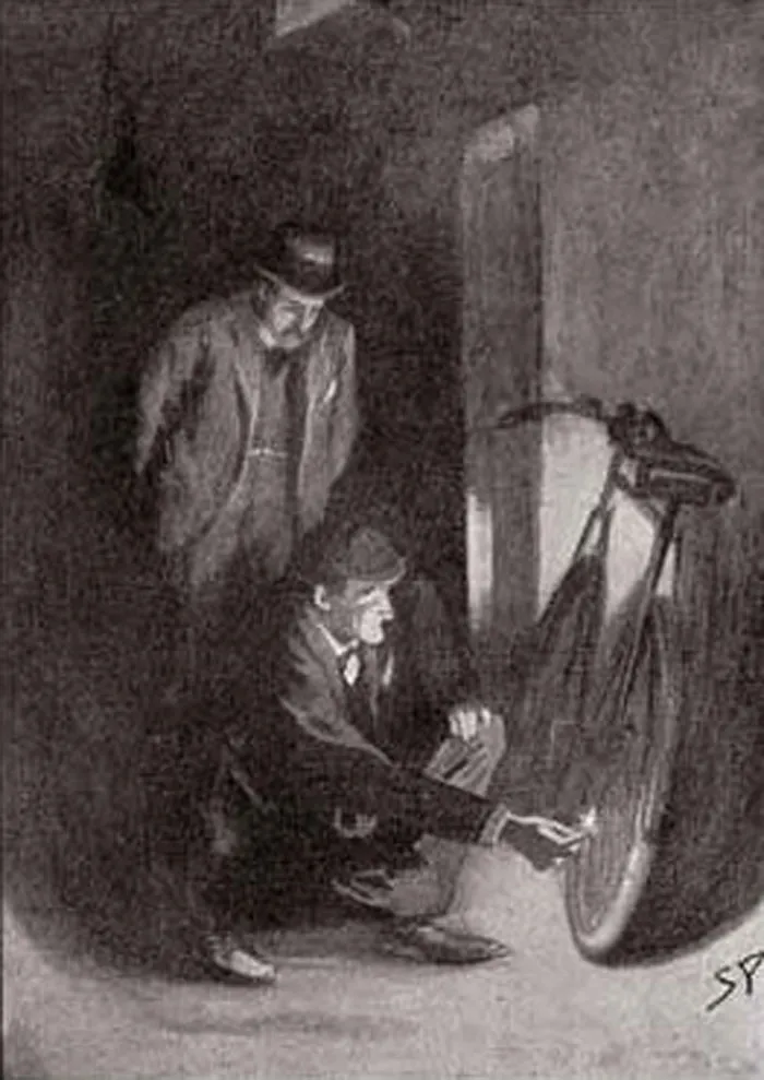 Illustration of Sherlock Holmes inspecting a bicycle, a detail showcasing new facts