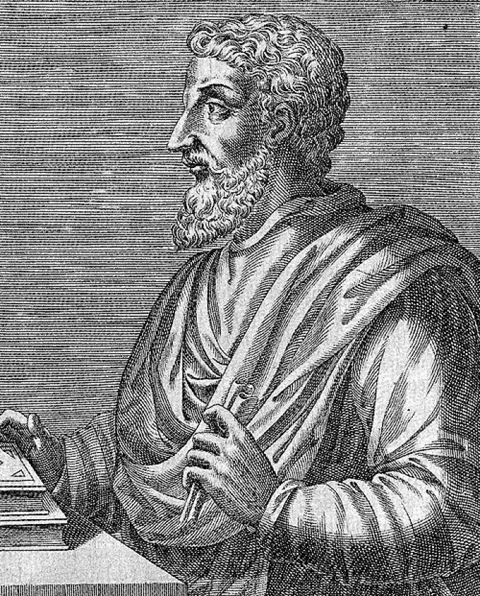 Engraving of ancient Greek philosopher Parmenides, representing new facts
