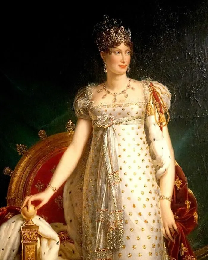 Classic oil portrait of a queen in a gold-detailed gown with new facts