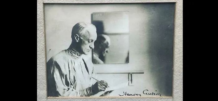 A black and white portrait of Dr. Harvey Cushing, a prominent figure in medical history