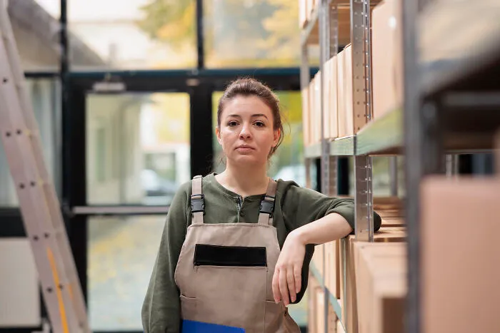 A determined female worker in a warehouse, speaking up on subtle sexism in male-dominated fields