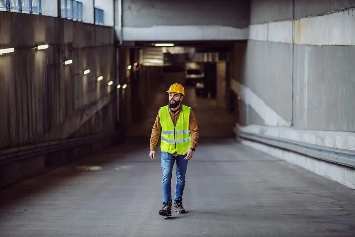 A man wearing a safety vest and helmet walking through a construction tunnel, representing things seen at work.