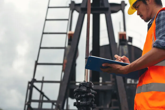 An engineer in safety gear taking notes on site, representing industrial work in the current economy.