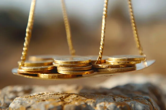 Gold coins being weighed on a balance scale, representing the concept of being cheap and saving money.