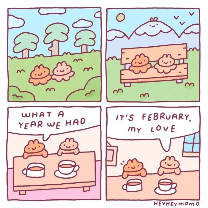 Momo and Forg in comics celebrating their tiny best friends journey throughout the year, finding joy in little things.