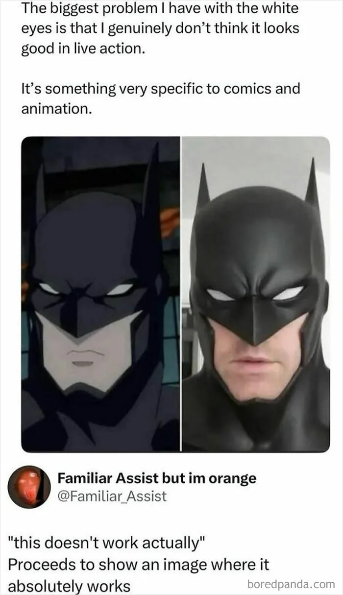 Comparison of Batman animation and live action showing white eyes effect