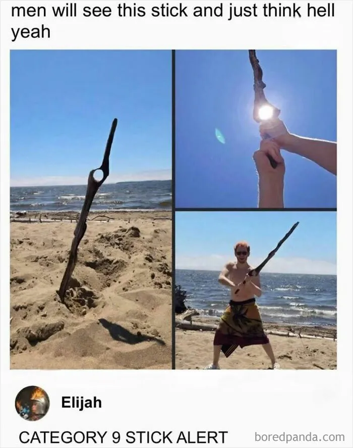 Person holding a stick on beach with sunlight highlighting it, playfully dubbed category 9 stick