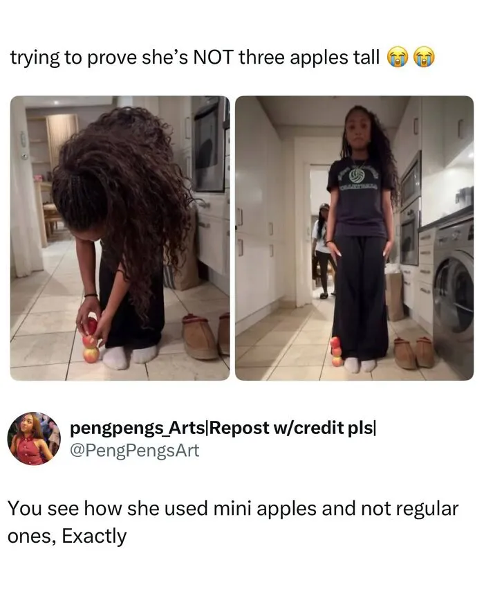 Girl tries to prove height using mini apples in Wild Memes Thehomie meme