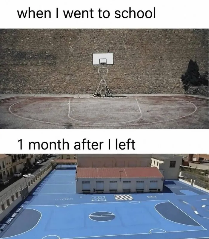 Comparison of school basketball court before and after with new blue surface