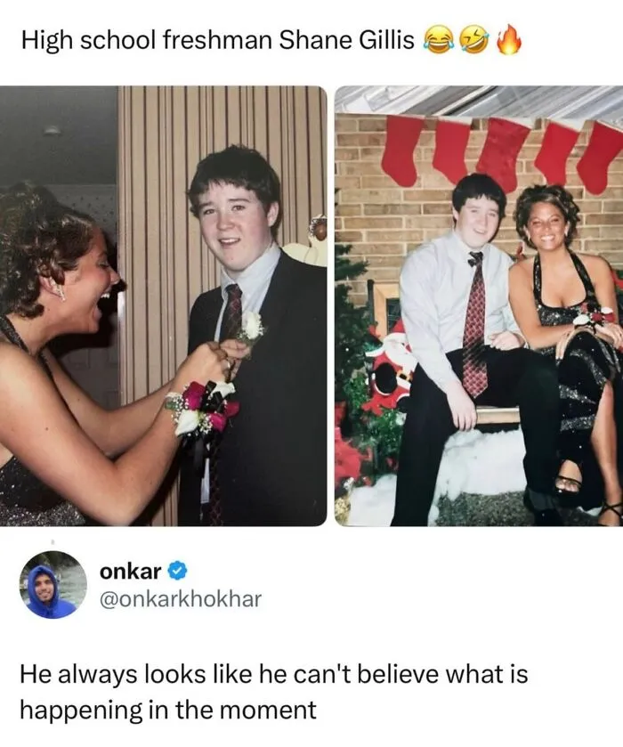 High school freshman Shane Gillis looking surprised at event with two photos