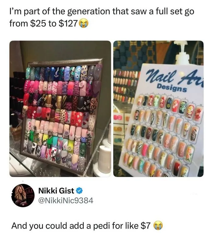Nail art designs showing price increase from $25 to $127 with colorful nail sets