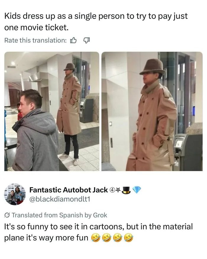 Kids dressed as one person with long coat and hat trying to pay for single movie ticket