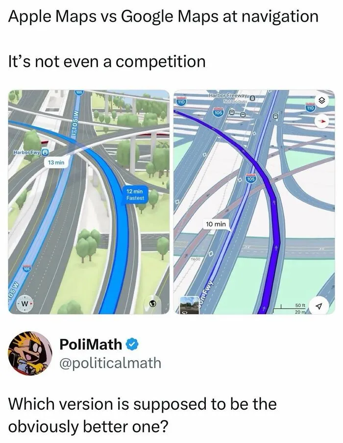 Comparison of Apple Maps and Google Maps navigation interface showing route times