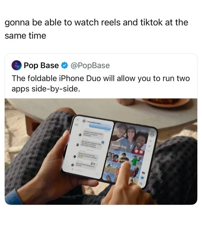 Foldable iPhone Duo running two apps side-by-side screen from Wild-Memes-Thehomie