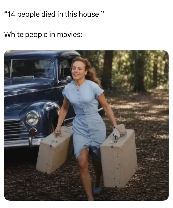Woman happily carrying suitcases from haunted house meme