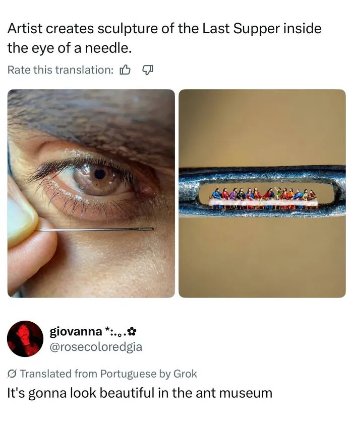 Wild memes miniature Last Supper sculpture inside needle eye