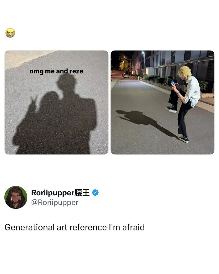 Shadow of two people compared to a person taking a photo of a shadow in generational art wild memes
