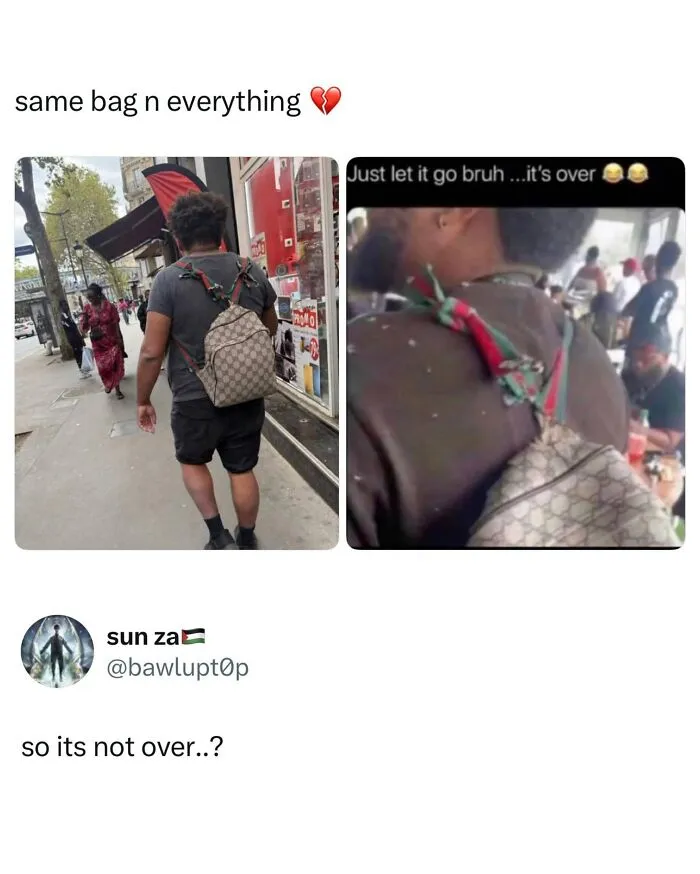 Man wearing same branded bag in two different settings meme wild memes