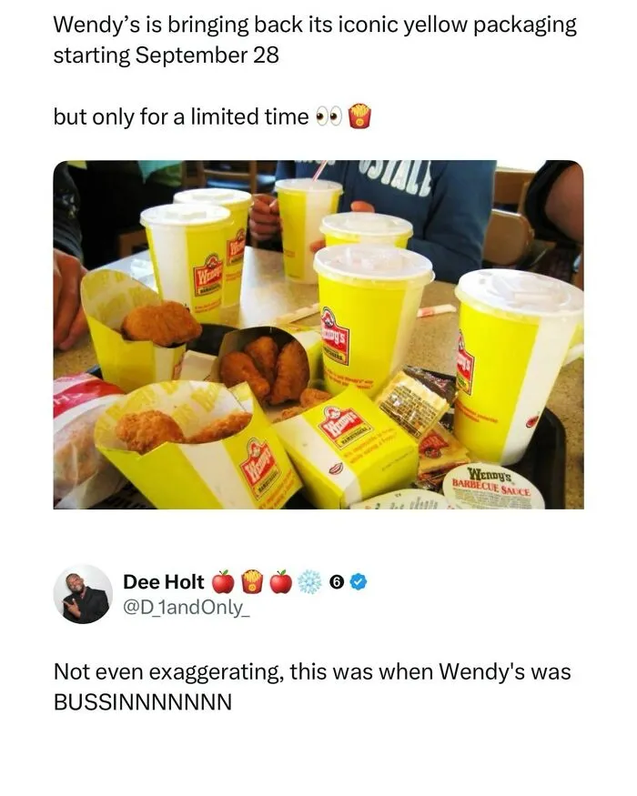 Wendy's iconic yellow packaging for a limited time with food tray wild memes