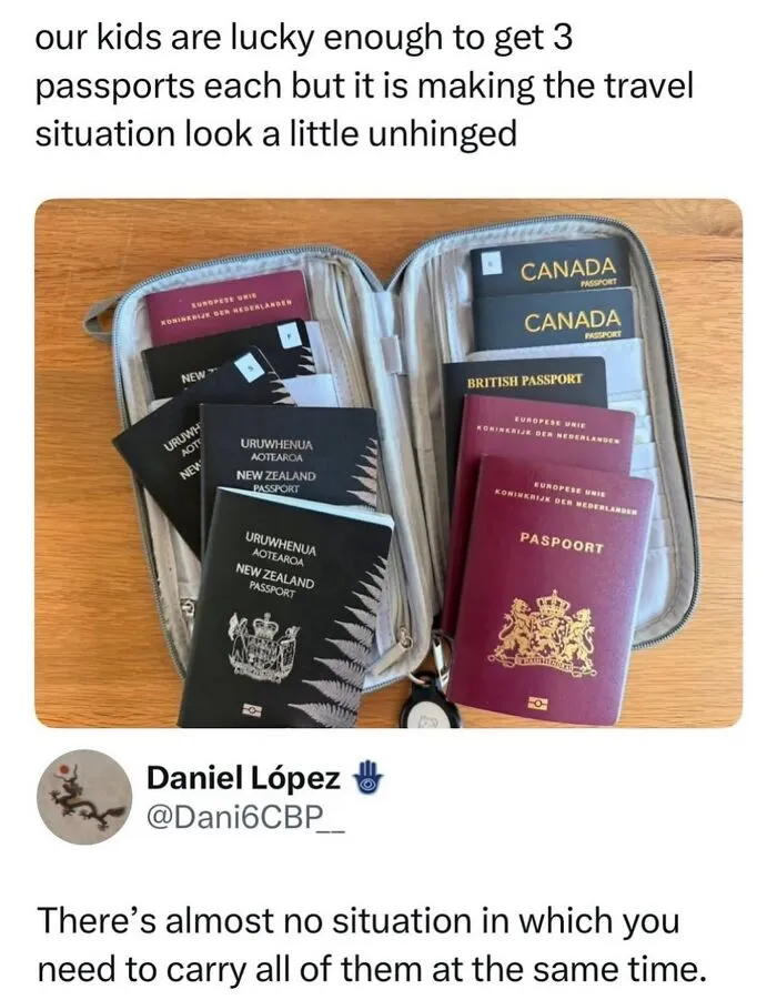 Multiple passports from different countries displayed in an open travel case wild memes