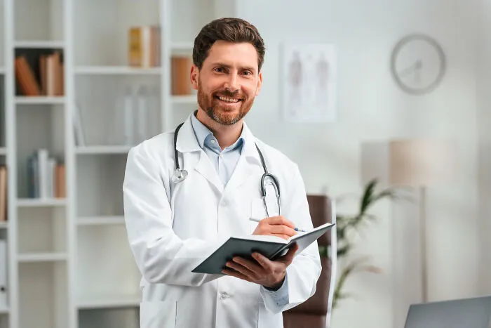Smiling male doctor with stethoscope holding clipboard