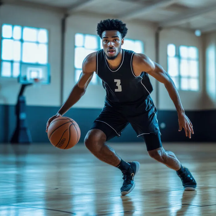 Male basketball player dribbling, illustrating diverse life paths of smart kids.