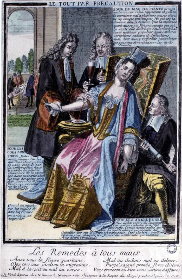 17th-century engraving showing historical medical treatments from medical history.
