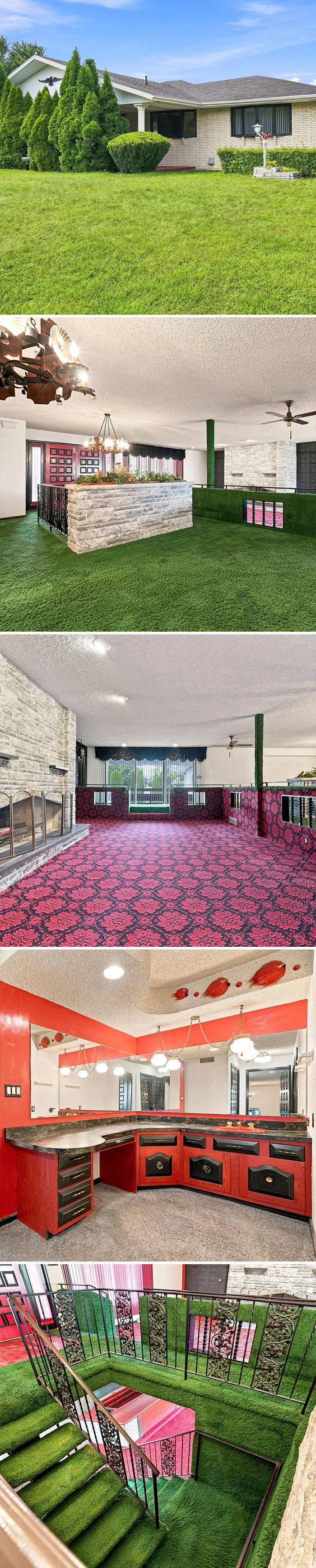 A retro-style home interior featuring vibrant green shag carpeting, seen on Zillow Gone Wild.