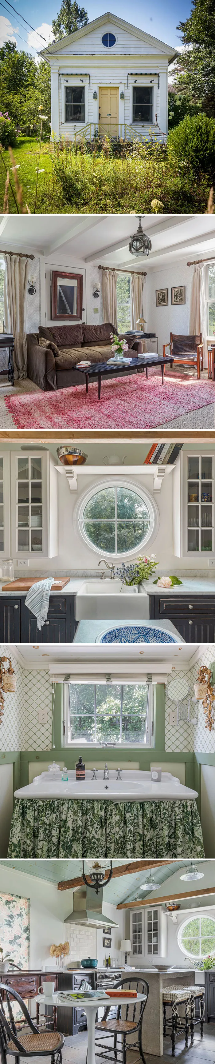 A charming white cottage with bright, cozy cottage-style rooms, a Zillow Gone Wild listing.