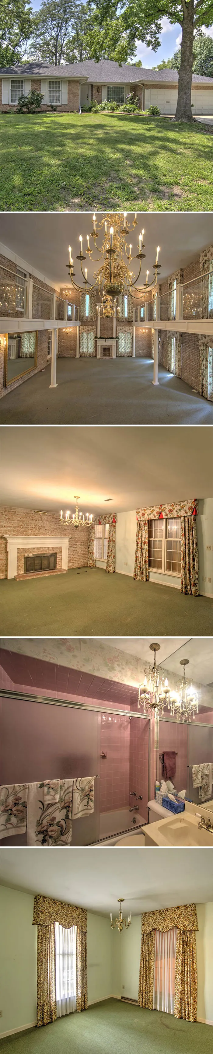 An expansive brick-walled living room with grand chandeliers, a unique Zillow Gone Wild find.