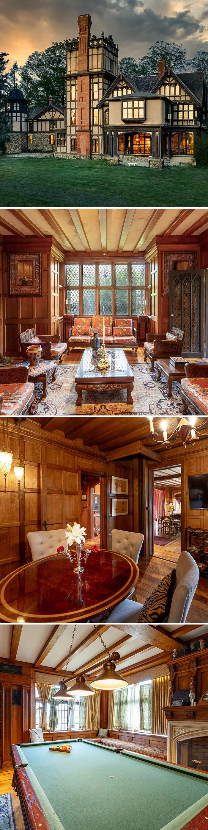 A multi-photo collage showcasing an unhinged Tudor style home listing with extensive wood paneling