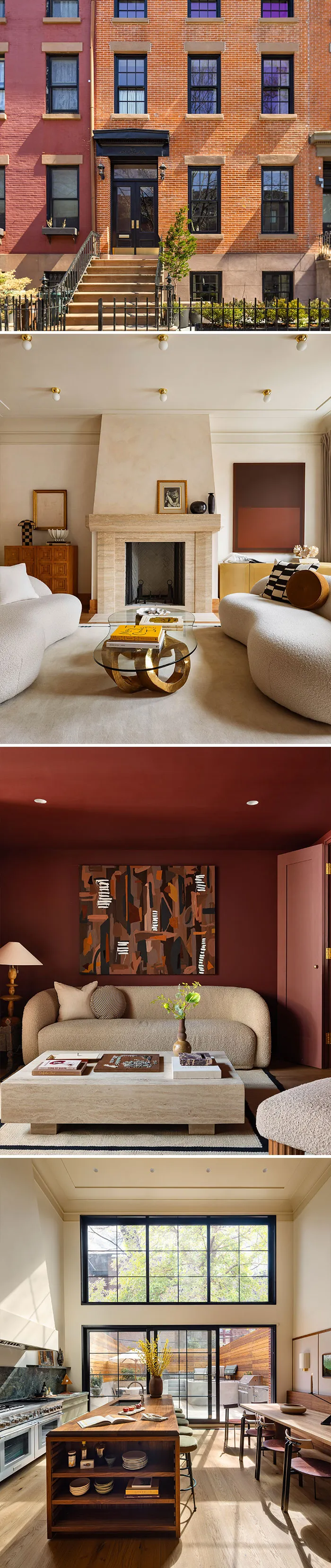 Red brick townhouse exterior and contemporary luxury living room with unique home listings