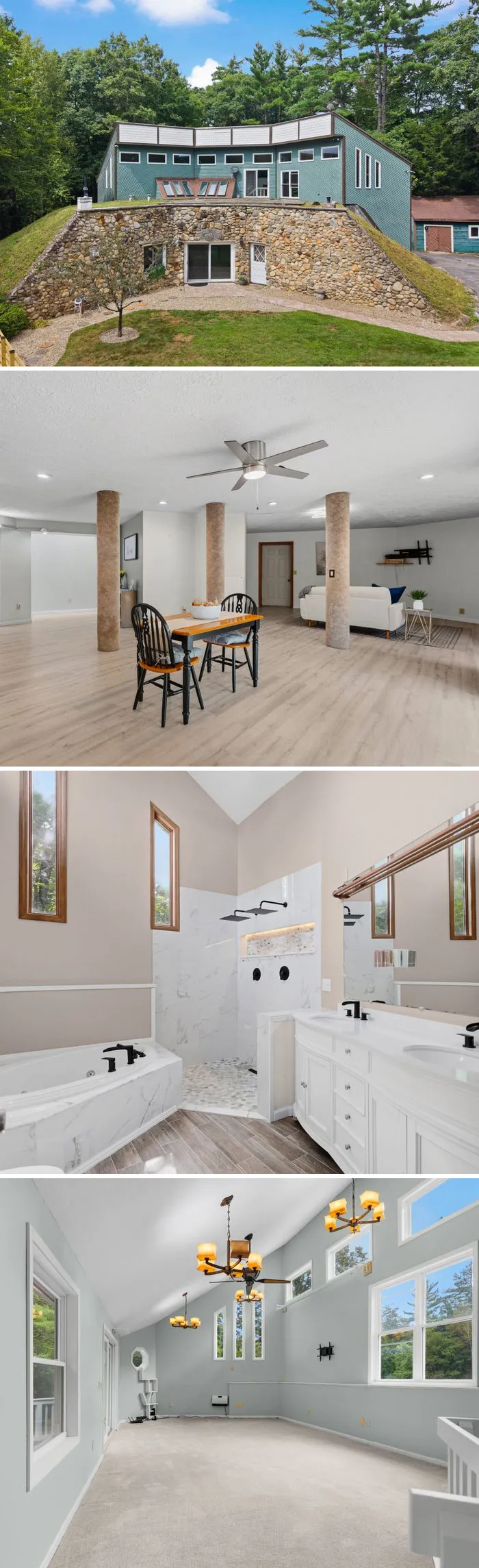 A Zillow Gone Wild home collage showcasing a unique stone-faced house, open dining area, and spacious modern bathroom
