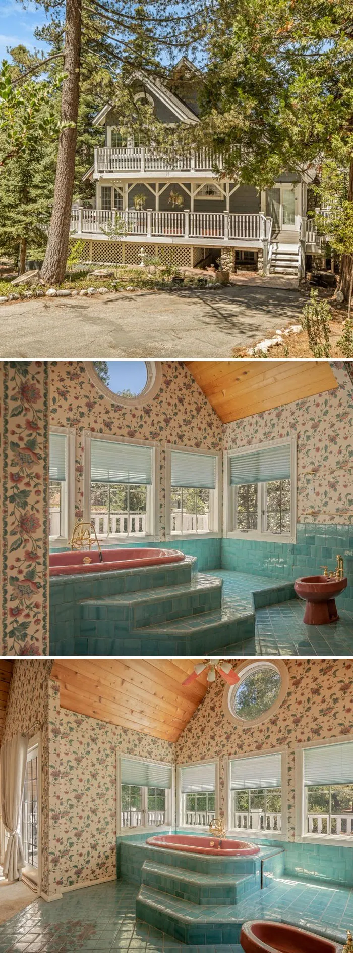 A cozy forest cabin from Zillow Gone Wild featuring a whimsical floral wallpaper bathroom with a sunken pink tub