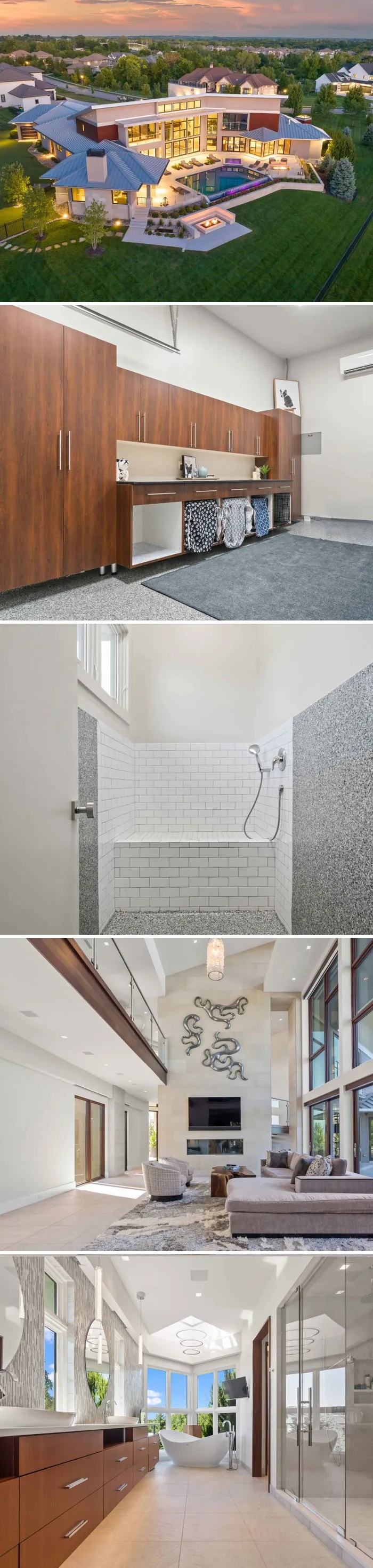 A Zillow Gone Wild listing collage showing a luxury modern mansion with an indoor dog wash station and sleek bathroom