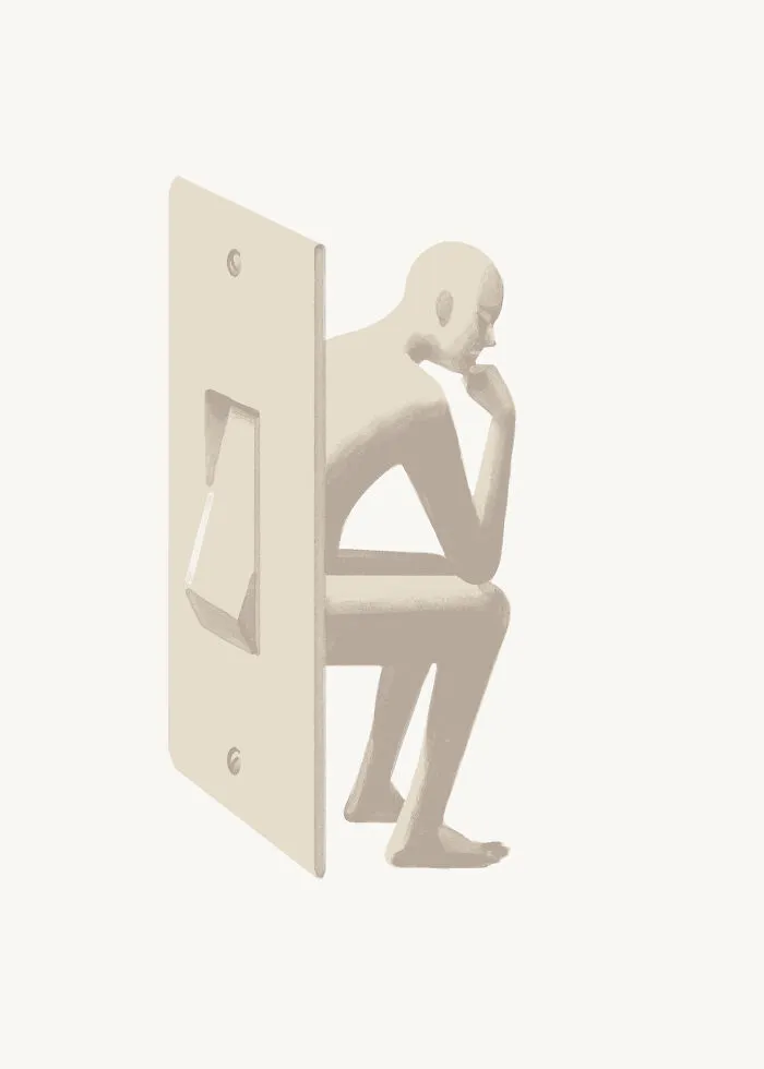 A minimalist 3D rendering of a thinking figure integrated into a light switch, for Abstract Sunday